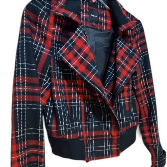 Express Bomber Jacket Red Black Plaid Tartan 2008 Button-Down Stretch SMALL - Picture 3 of 12